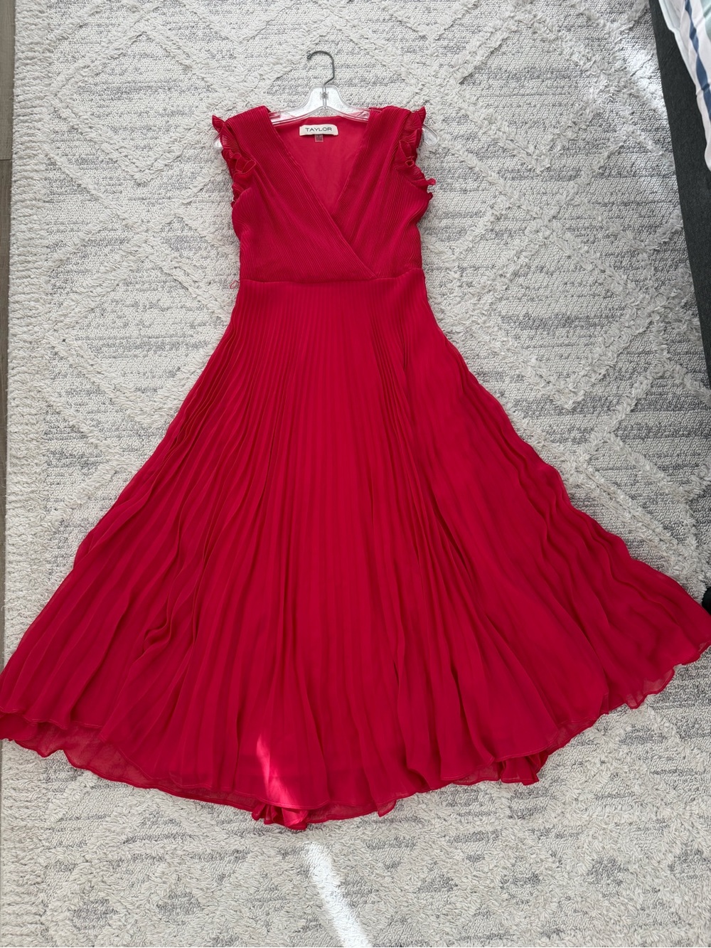 Taylor Fuchsia Pleated Maxi Dress with V-Neck and Ruffle Sleeves